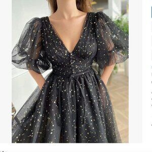 Xijun Women's Sparkly Starry Tulle Puffy Sleeve Prom Dress 8